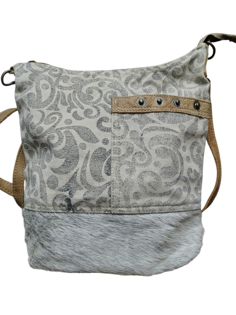 Myra Bag Gray Paisley Cowhide Leather Crossbody Shoulder Bag NWOT